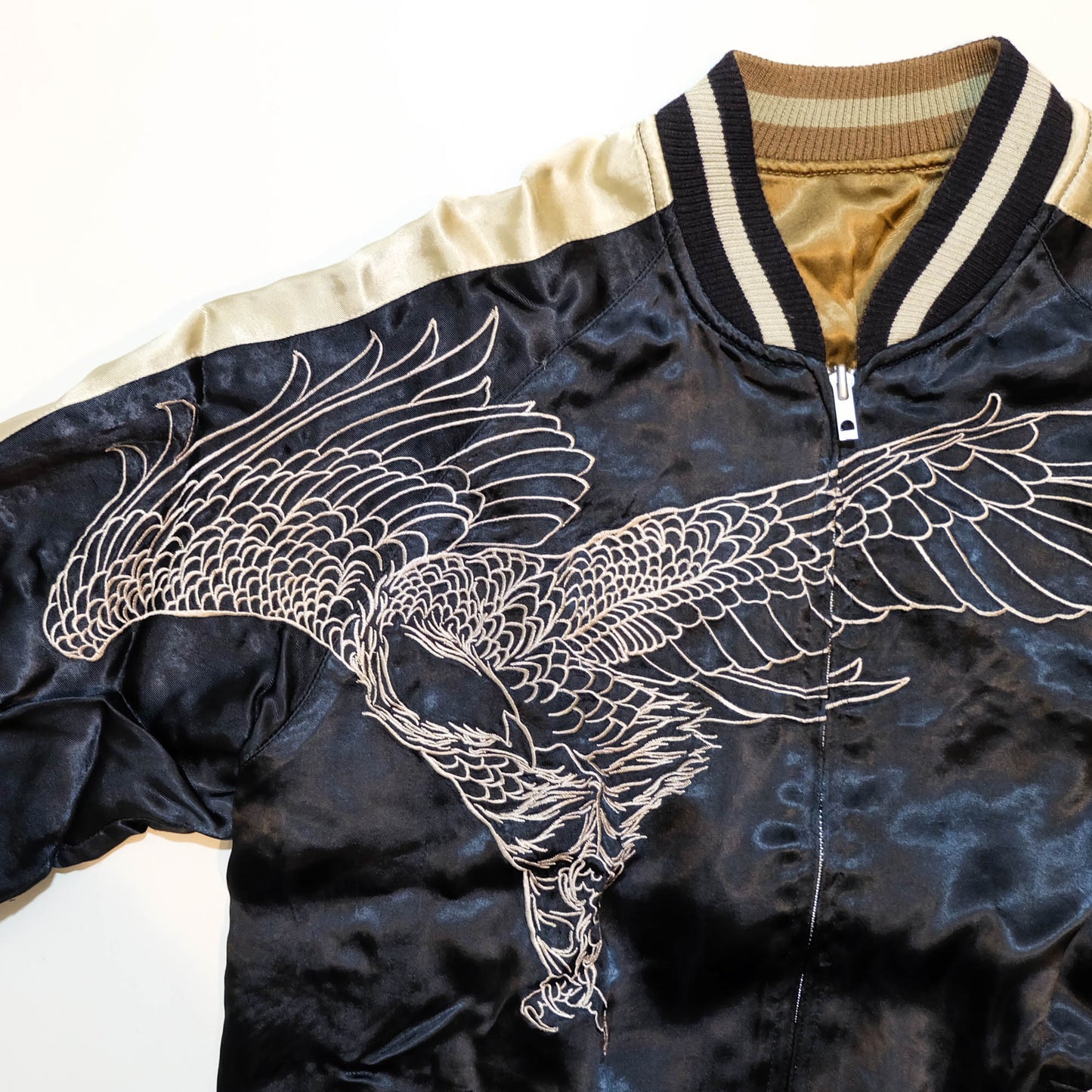 Black & Gold Tiger × Eagle Sukajan Jacket Japanese Souvenir Bomber Jacket with Kacho-Fugetsu Inspired Animal Embroidery Size L