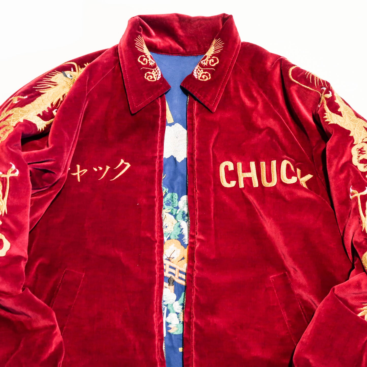 Rare Tailor Toyo U.S. Marines Iwo Jima Sukajan Reversible Japan 54-55 CHUCK Red Velvet Dragon Souvenir Jacket