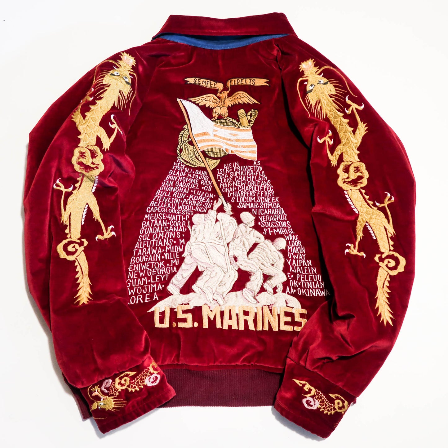 Rare Tailor Toyo U.S. Marines Iwo Jima Sukajan Reversible Japan 54-55 CHUCK Red Velvet Dragon Souvenir Jacket