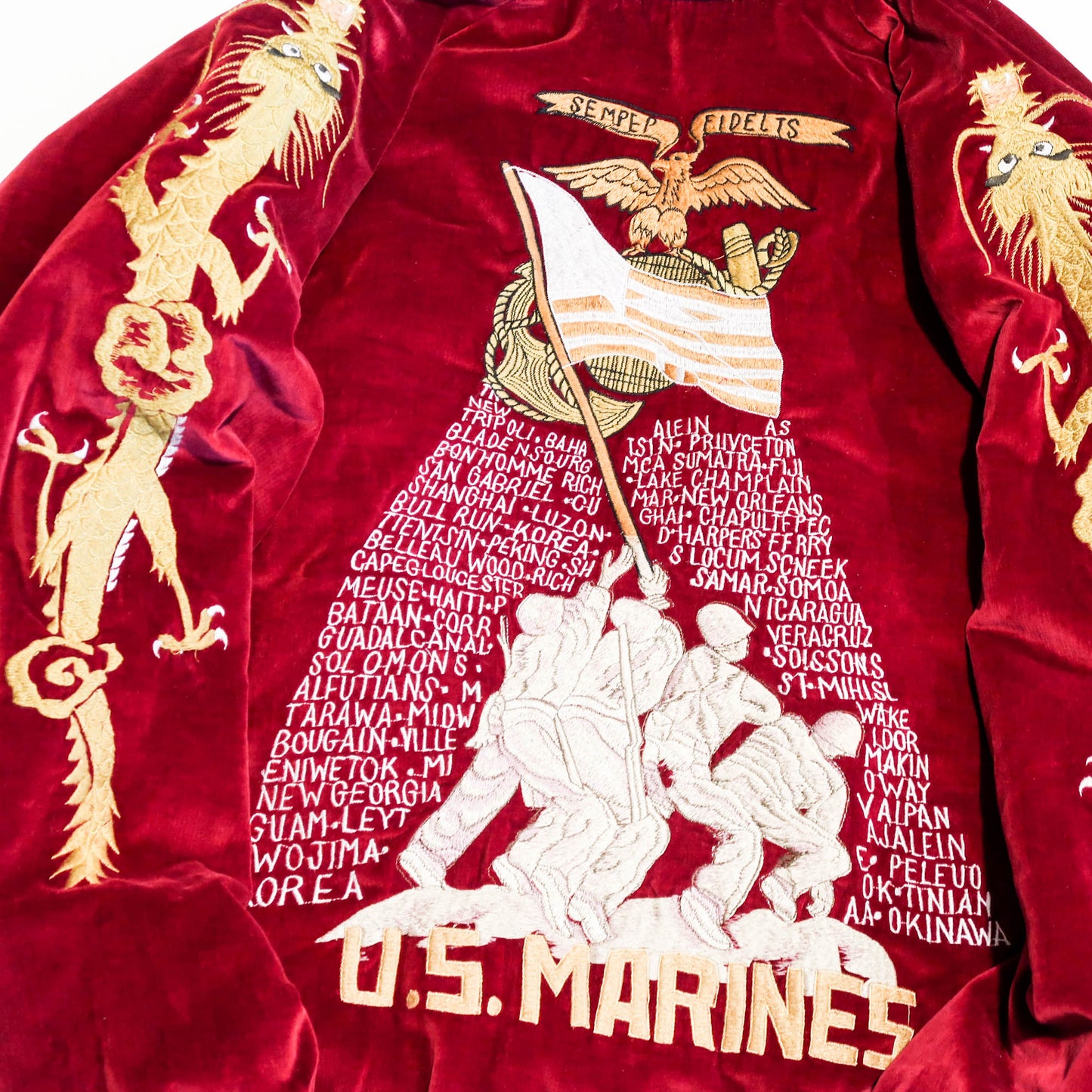 Rare Tailor Toyo U.S. Marines Iwo Jima Sukajan Reversible Japan 54-55 CHUCK Red Velvet Dragon Souvenir Jacket