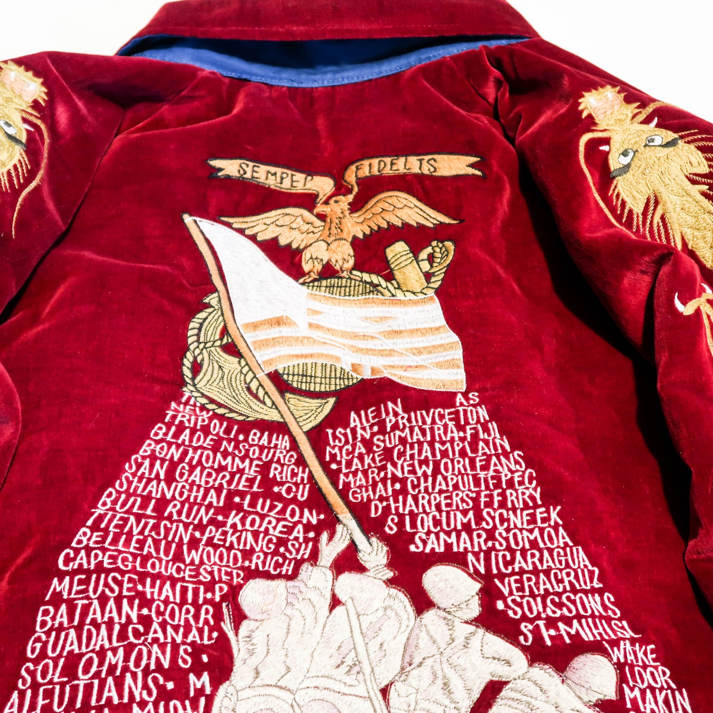 Rare Tailor Toyo U.S. Marines Iwo Jima Sukajan Reversible Japan 54-55 CHUCK Red Velvet Dragon Souvenir Jacket
