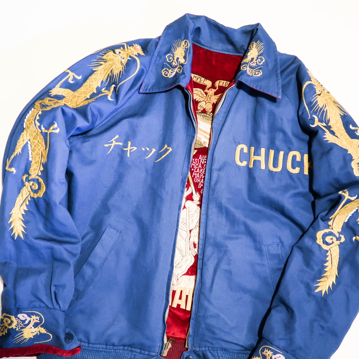 Rare Tailor Toyo U.S. Marines Iwo Jima Sukajan Reversible Japan 54-55 CHUCK Red Velvet Dragon Souvenir Jacket