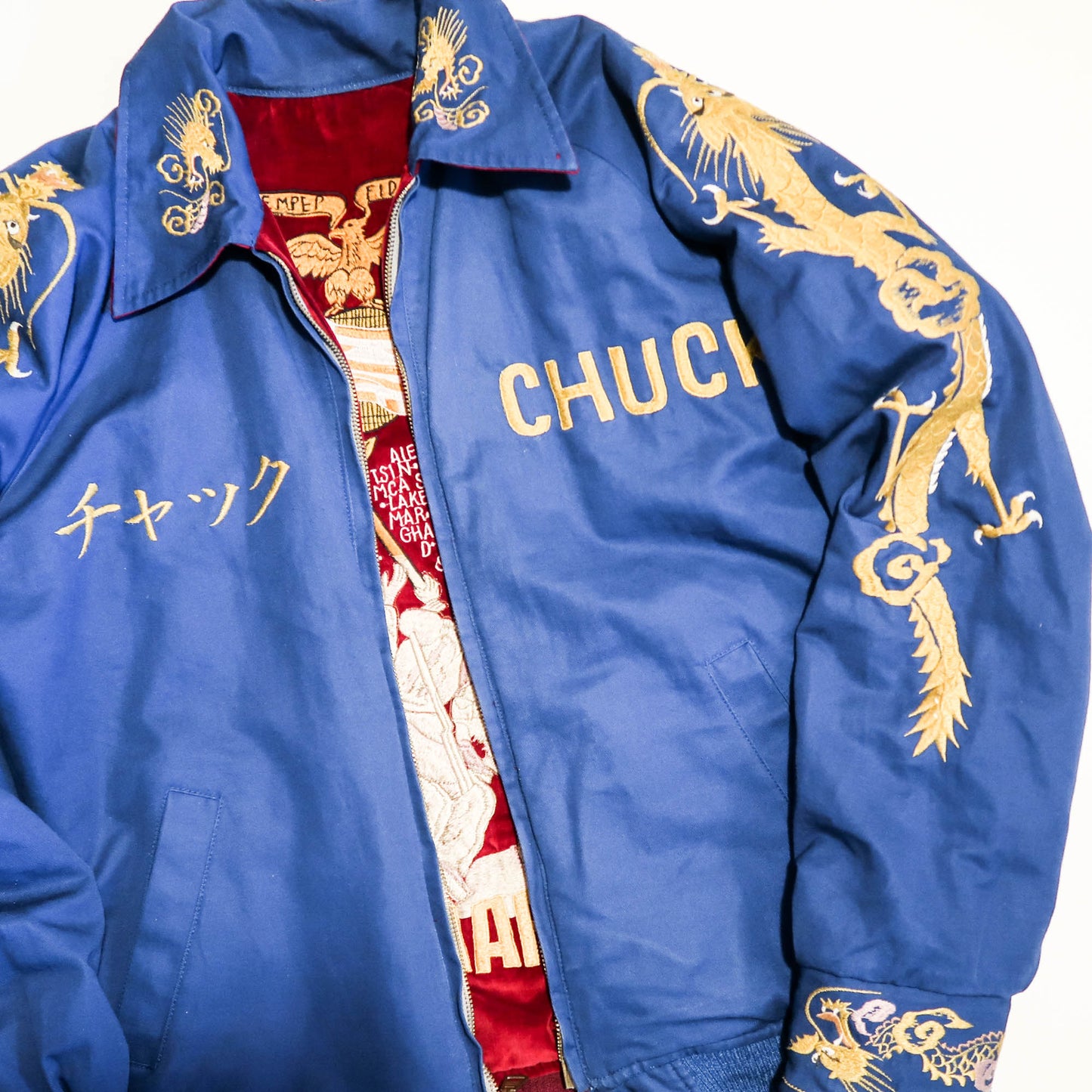 Rare Tailor Toyo U.S. Marines Iwo Jima Sukajan Reversible Japan 54-55 CHUCK Red Velvet Dragon Souvenir Jacket
