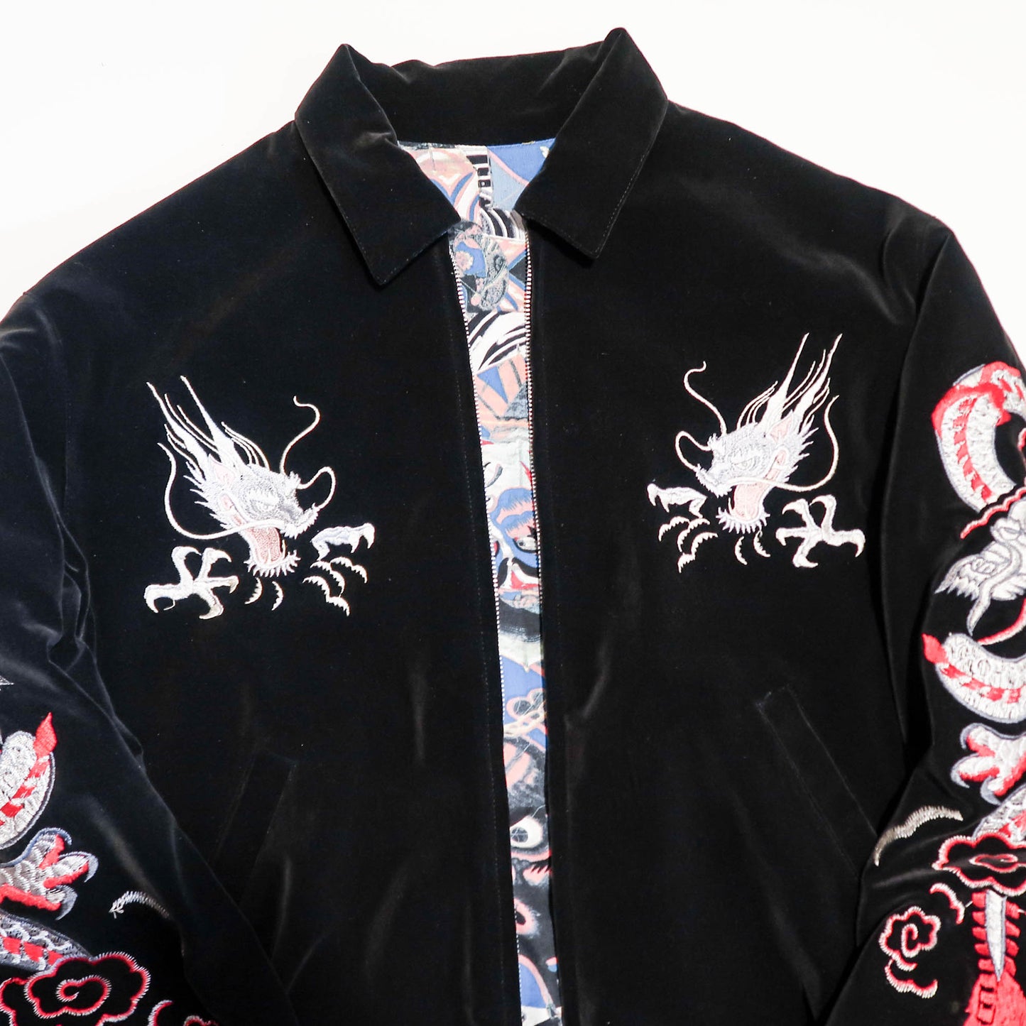 Reversible Black Velvet Dragon Sukajan Jacket – Ukiyo-e Kabuki Samurai Art Collage Japanese Souvenir Blouson