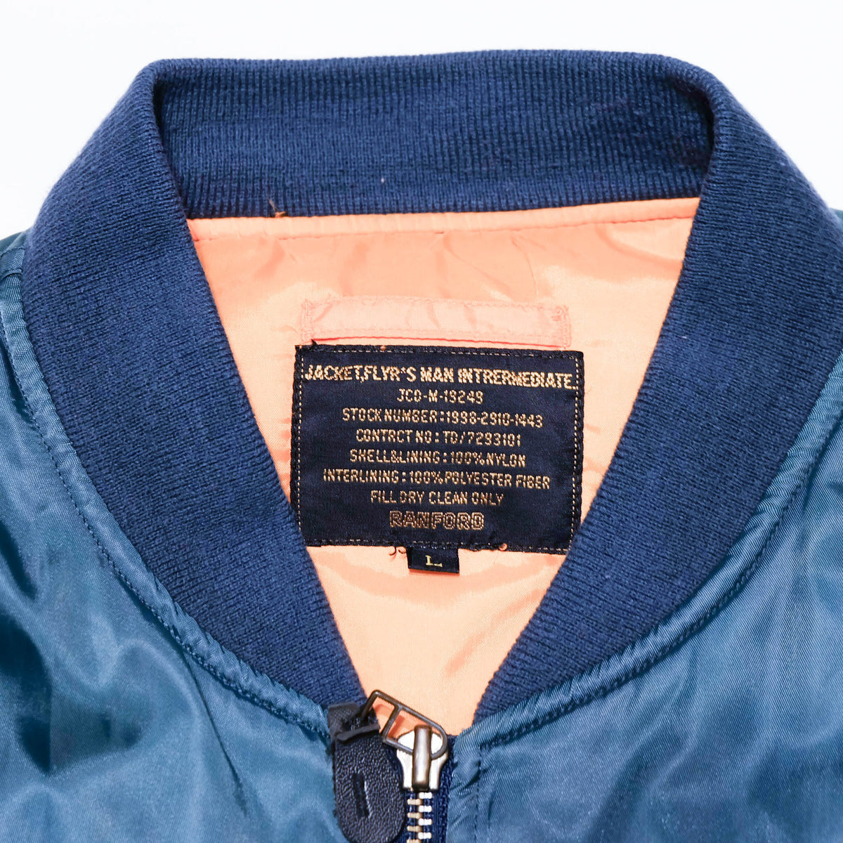 Chaqueta de vuelo de estilo MA-1 Ranford, bomber militar de nailon azul, modelo MIL-J-8279, talla L