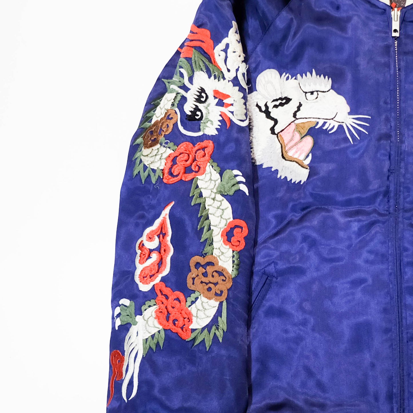 Rare Purple Yokosuka Souvenir Bomber Jacket with White Tiger, Dragon, Maiko, Geisha, and Traditional Japanese Scenic Embroidery