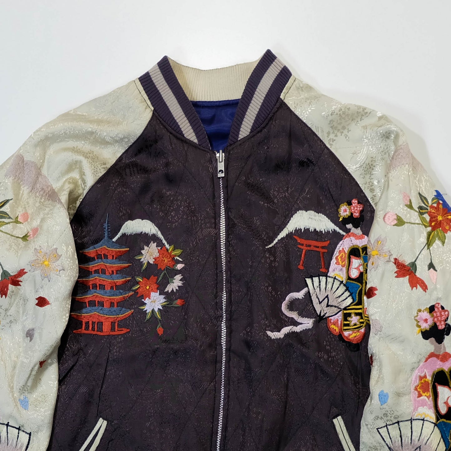 Rare Purple Yokosuka Souvenir Bomber Jacket with White Tiger, Dragon, Maiko, Geisha, and Traditional Japanese Scenic Embroidery