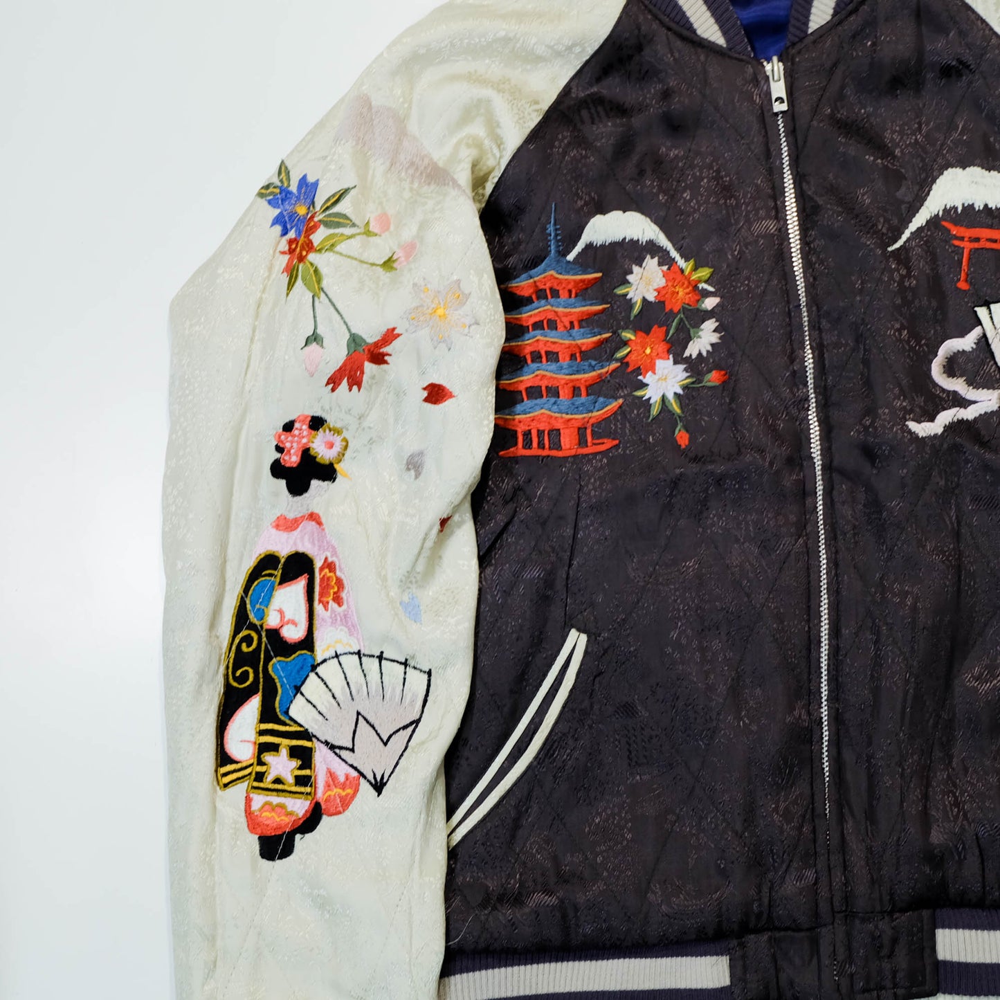 Rare Purple Yokosuka Souvenir Bomber Jacket with White Tiger, Dragon, Maiko, Geisha, and Traditional Japanese Scenic Embroidery