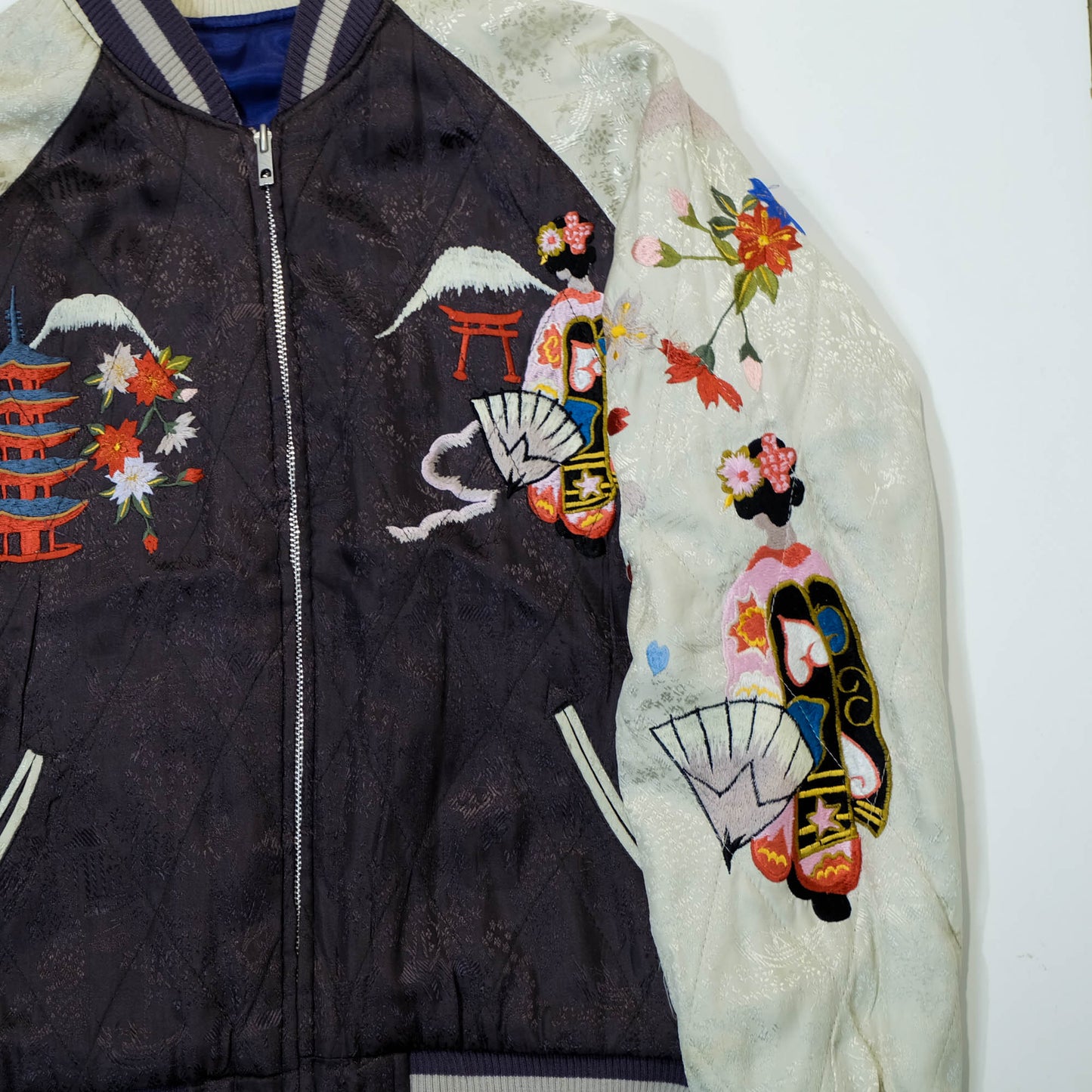 Rare Purple Yokosuka Souvenir Bomber Jacket with White Tiger, Dragon, Maiko, Geisha, and Traditional Japanese Scenic Embroidery
