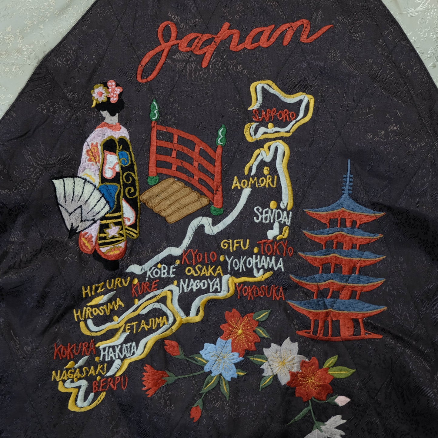 Rare Purple Yokosuka Souvenir Bomber Jacket with White Tiger, Dragon, Maiko, Geisha, and Traditional Japanese Scenic Embroidery