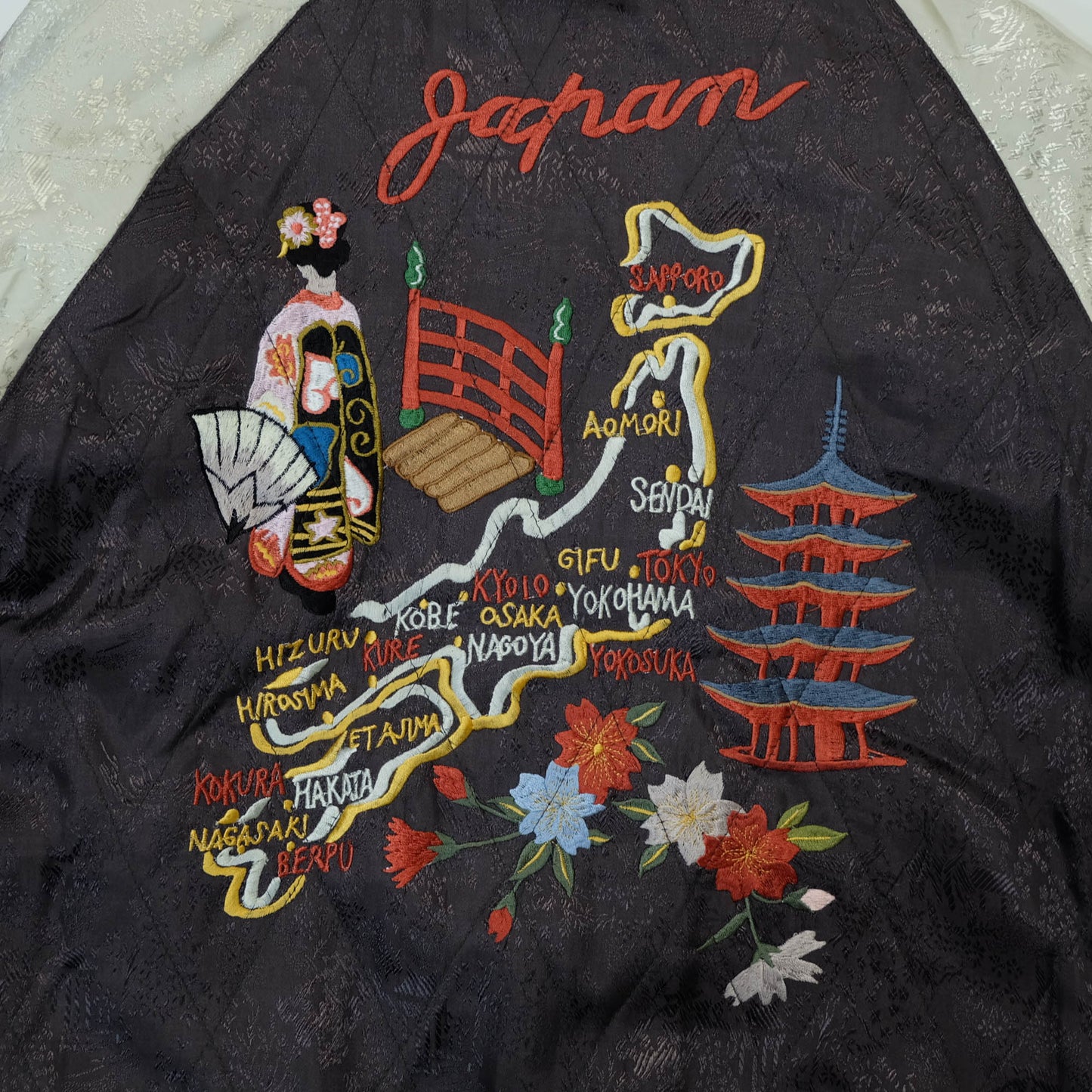 Rare Purple Yokosuka Souvenir Bomber Jacket with White Tiger, Dragon, Maiko, Geisha, and Traditional Japanese Scenic Embroidery