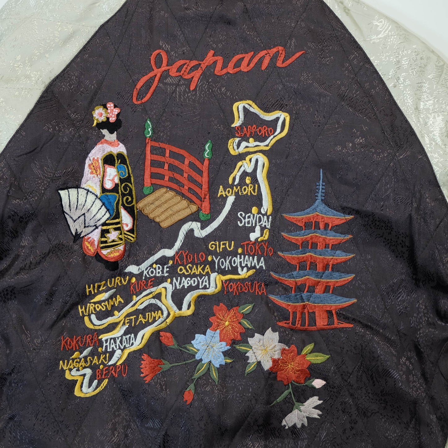 Rare Purple Yokosuka Souvenir Bomber Jacket with White Tiger, Dragon, Maiko, Geisha, and Traditional Japanese Scenic Embroidery