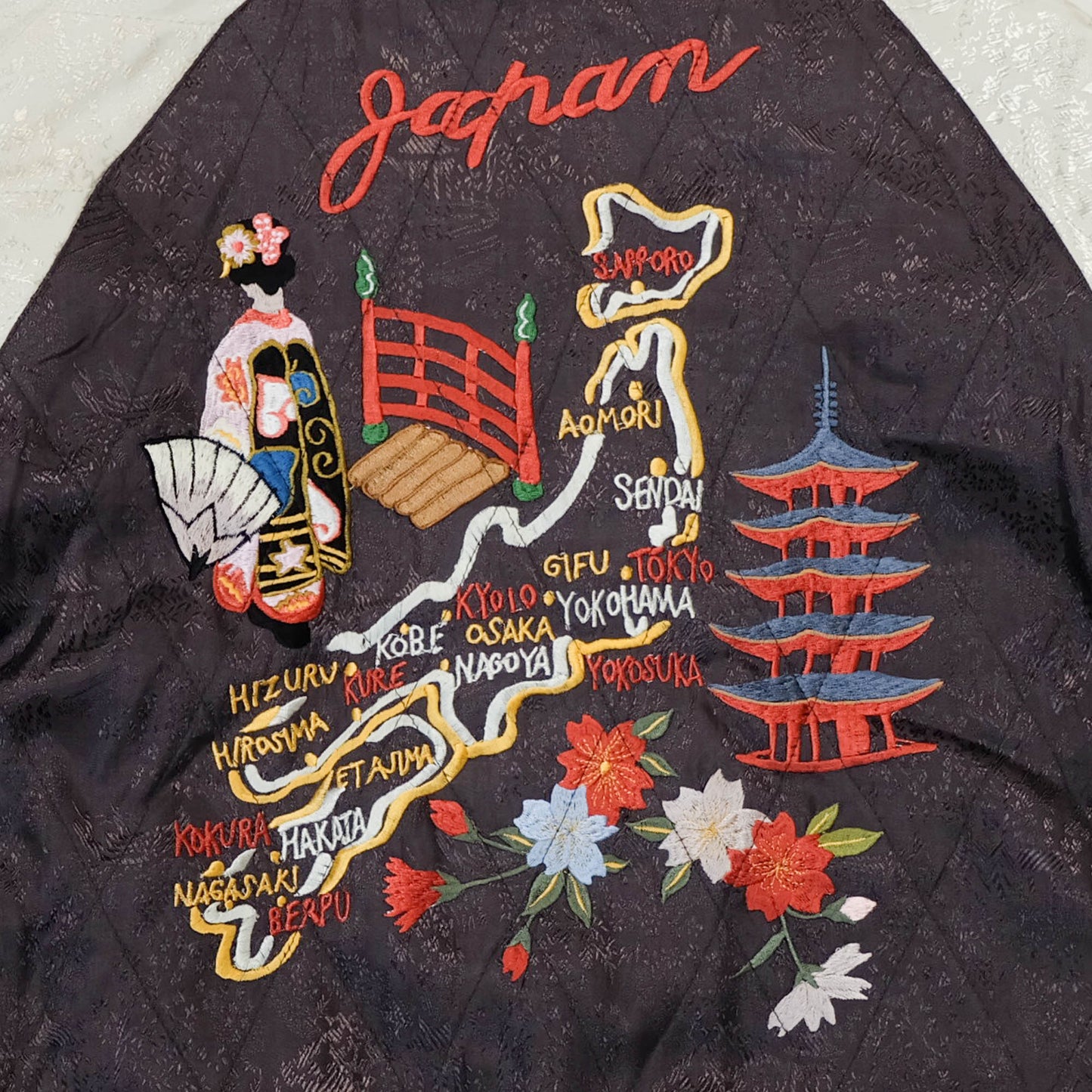 Rare Purple Yokosuka Souvenir Bomber Jacket with White Tiger, Dragon, Maiko, Geisha, and Traditional Japanese Scenic Embroidery