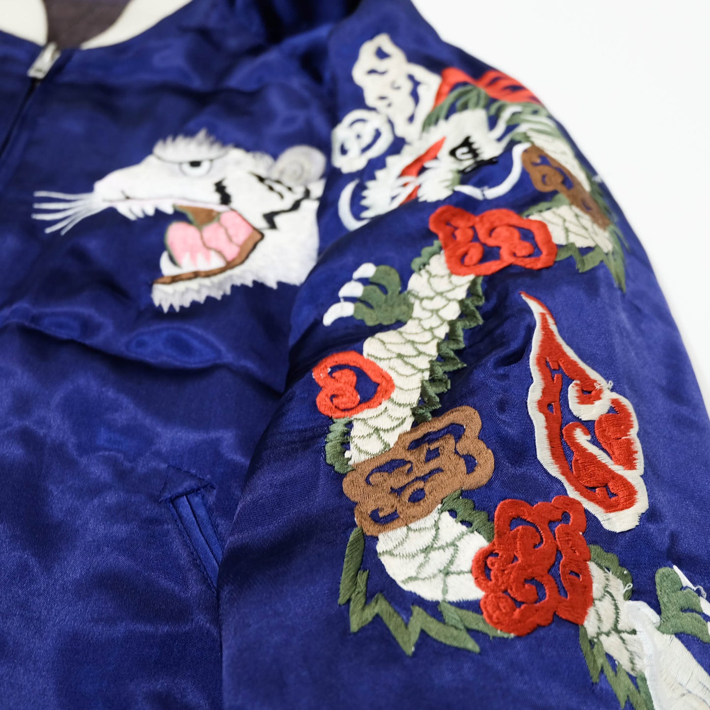 Rare Purple Yokosuka Souvenir Bomber Jacket with White Tiger, Dragon, Maiko, Geisha, and Traditional Japanese Scenic Embroidery