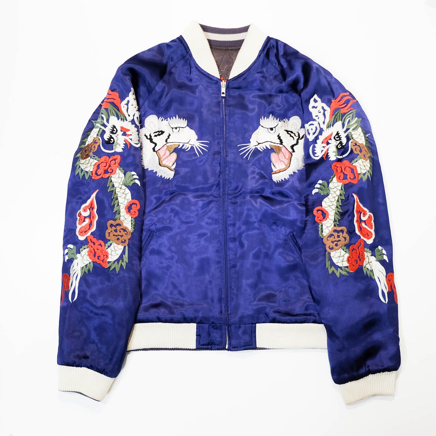 Rare Purple Yokosuka Souvenir Bomber Jacket with White Tiger, Dragon, Maiko, Geisha, and Traditional Japanese Scenic Embroidery