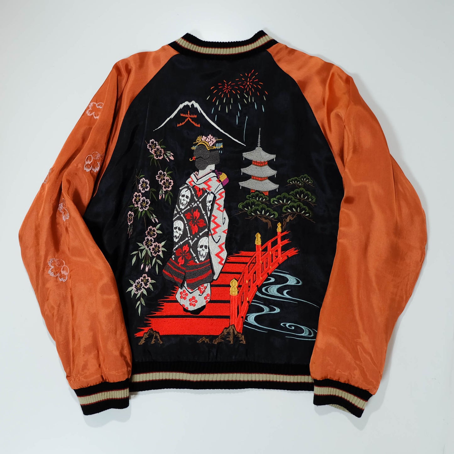 Cropped Heads Reversible Sukajan Jacket Maiko Geisha Mt Fuji Pagoda Sakura Japan Size M