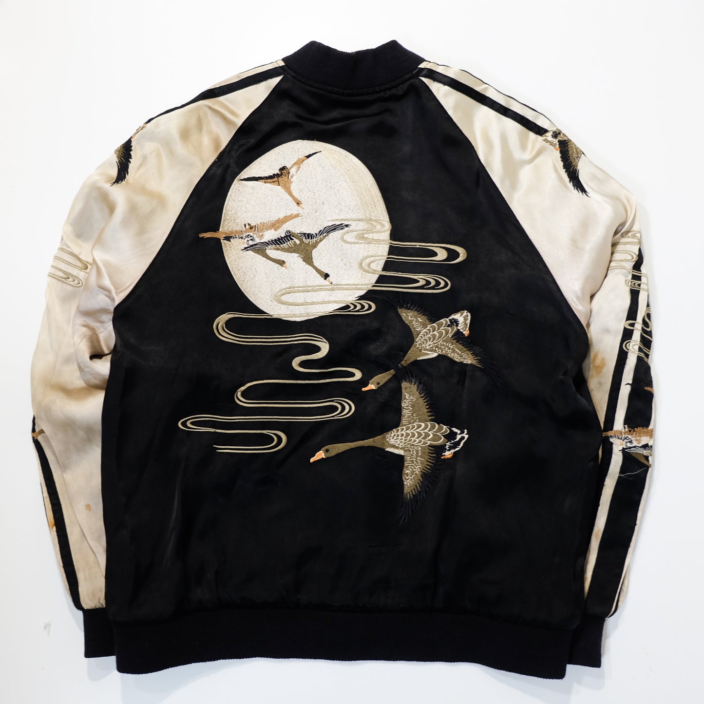 Vintage Reversible Sukajan Jacket M Wild Goose Swallow Embroidery Black Ivory Japanese Souvenir Bomber