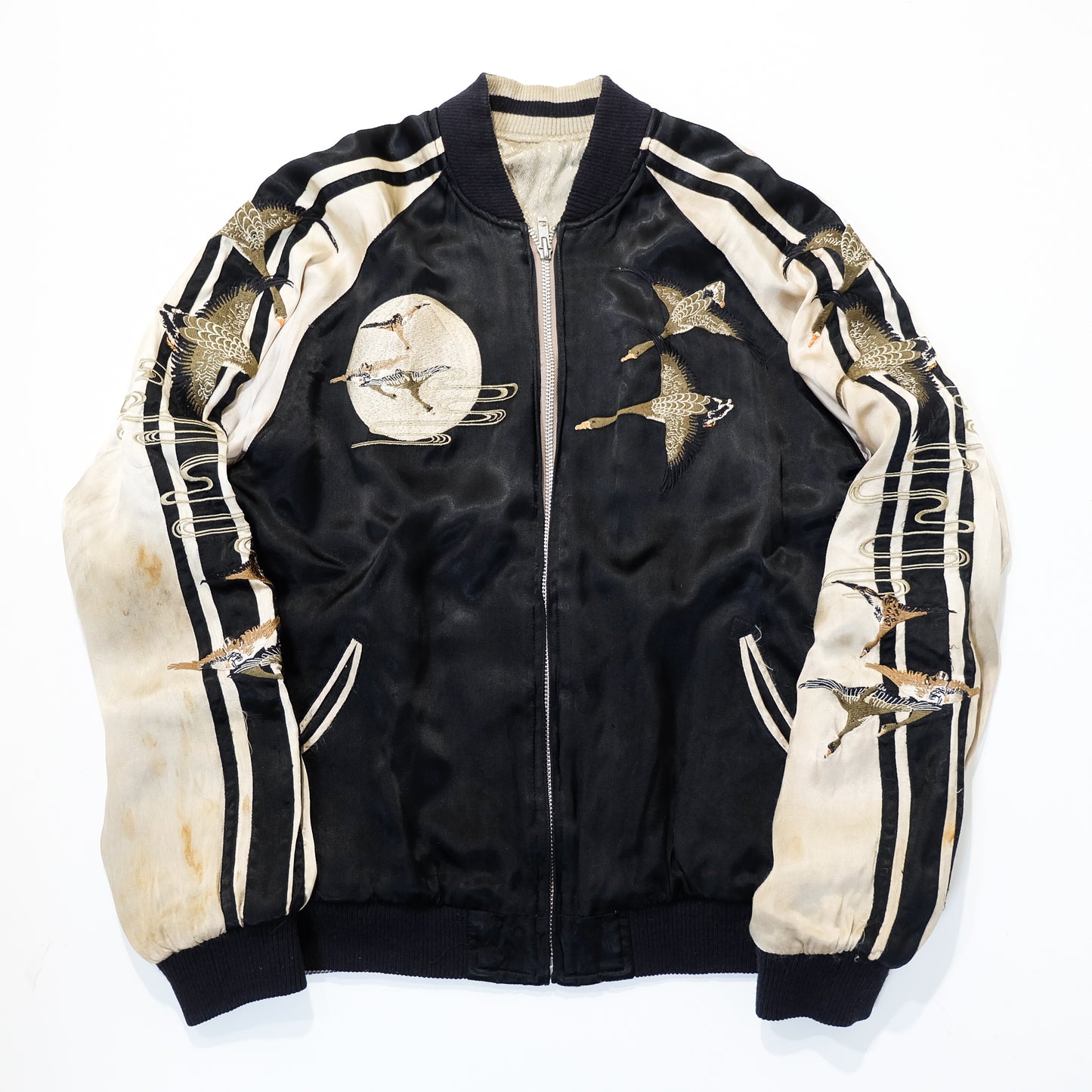 Vintage Reversible Sukajan Jacket M Wild Goose Swallow Embroidery Black Ivory Japanese Souvenir Bomber