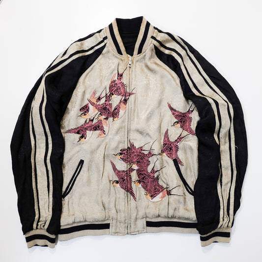 Vintage Reversible Sukajan Jacket M Wild Goose Swallow Embroidery Black Ivory Japanese Souvenir Bomber
