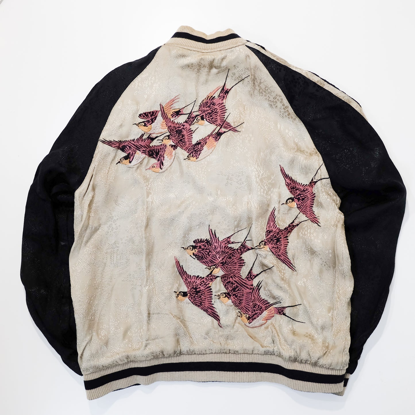 Vintage Reversible Sukajan Jacket M Wild Goose Swallow Embroidery Black Ivory Japanese Souvenir Bomber