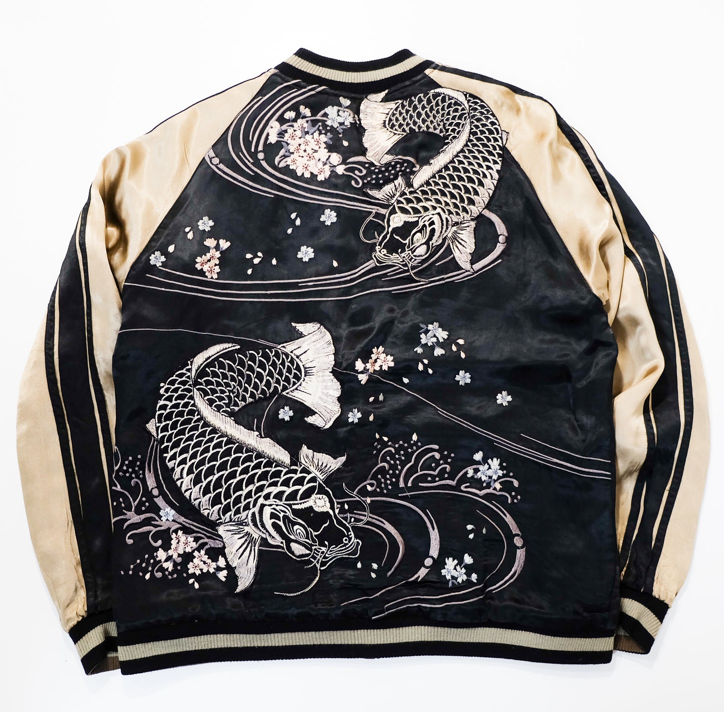 SATORI Reversible Sukajan Size L – Double Dragon × Koi Carp Sakura Japanese Embroidered Souvenir Jacket