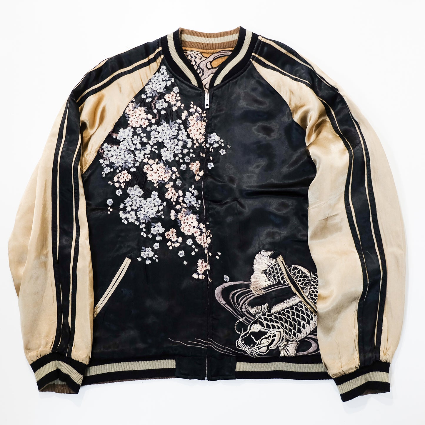 SATORI Reversible Sukajan Size L – Double Dragon × Koi Carp Sakura Japanese Embroidered Souvenir Jacket
