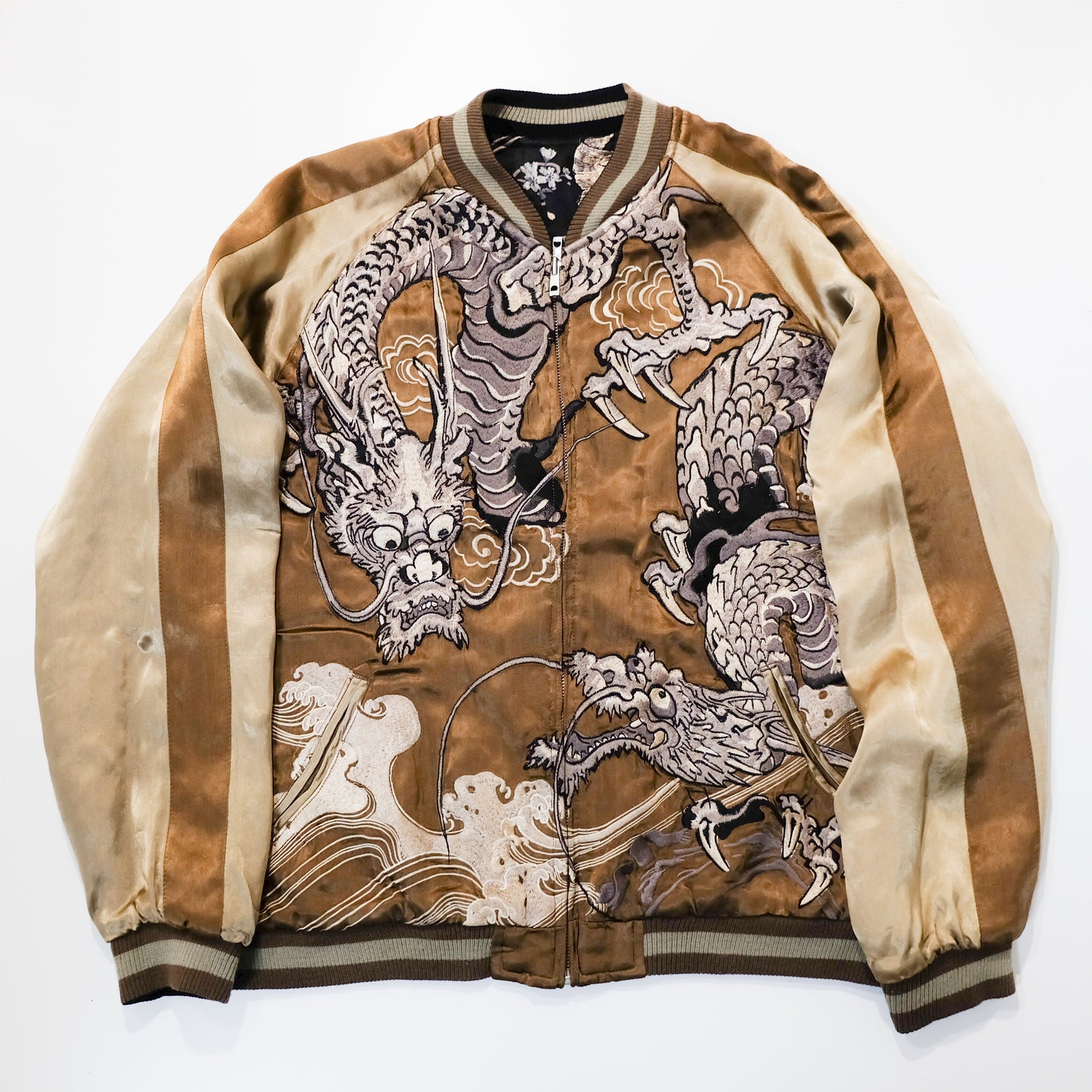 SATORI Reversible Sukajan Size L – Double Dragon × Koi Carp Sakura Japanese Embroidered Souvenir Jacket