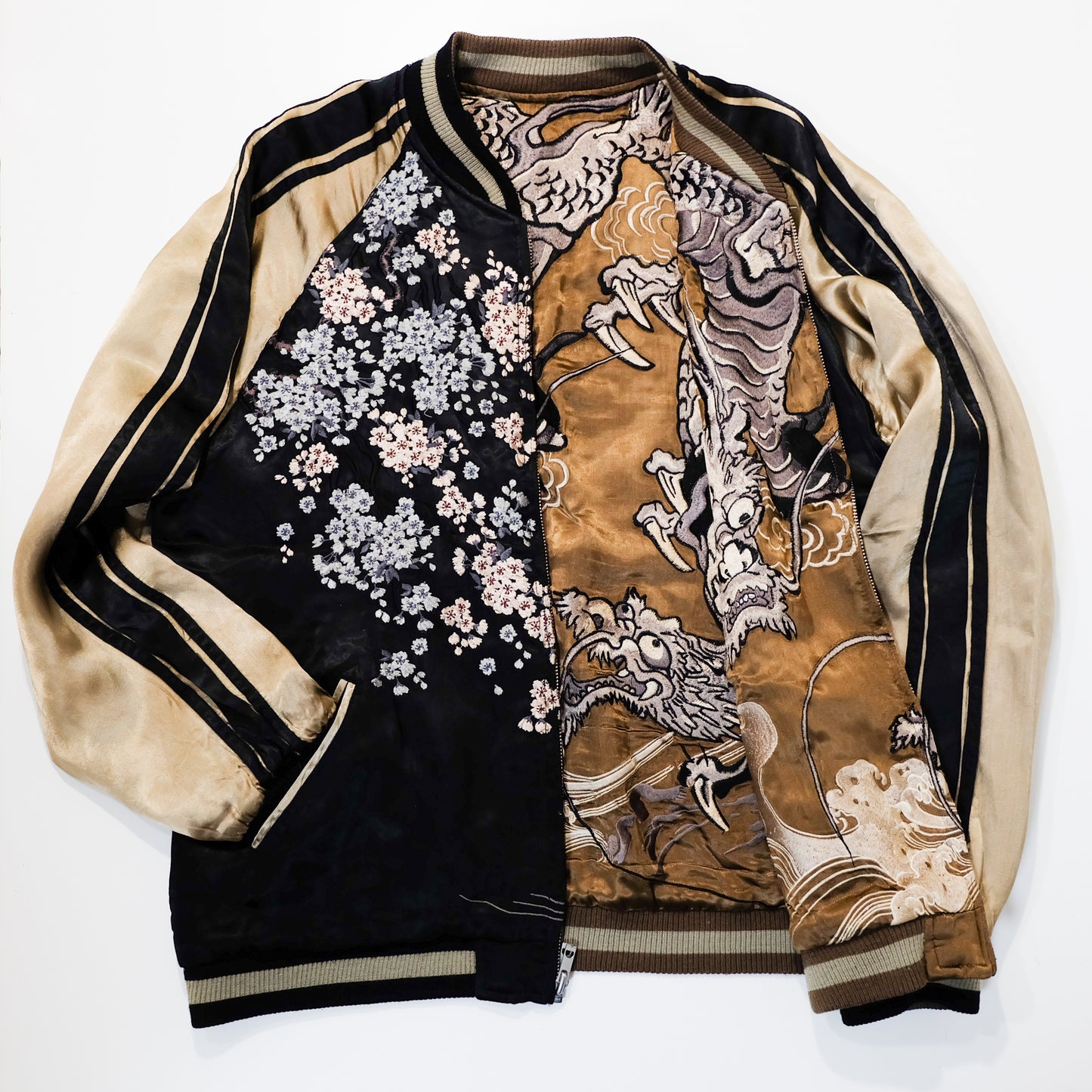 SATORI Reversible Sukajan Size L – Double Dragon × Koi Carp Sakura Japanese Embroidered Souvenir Jacket