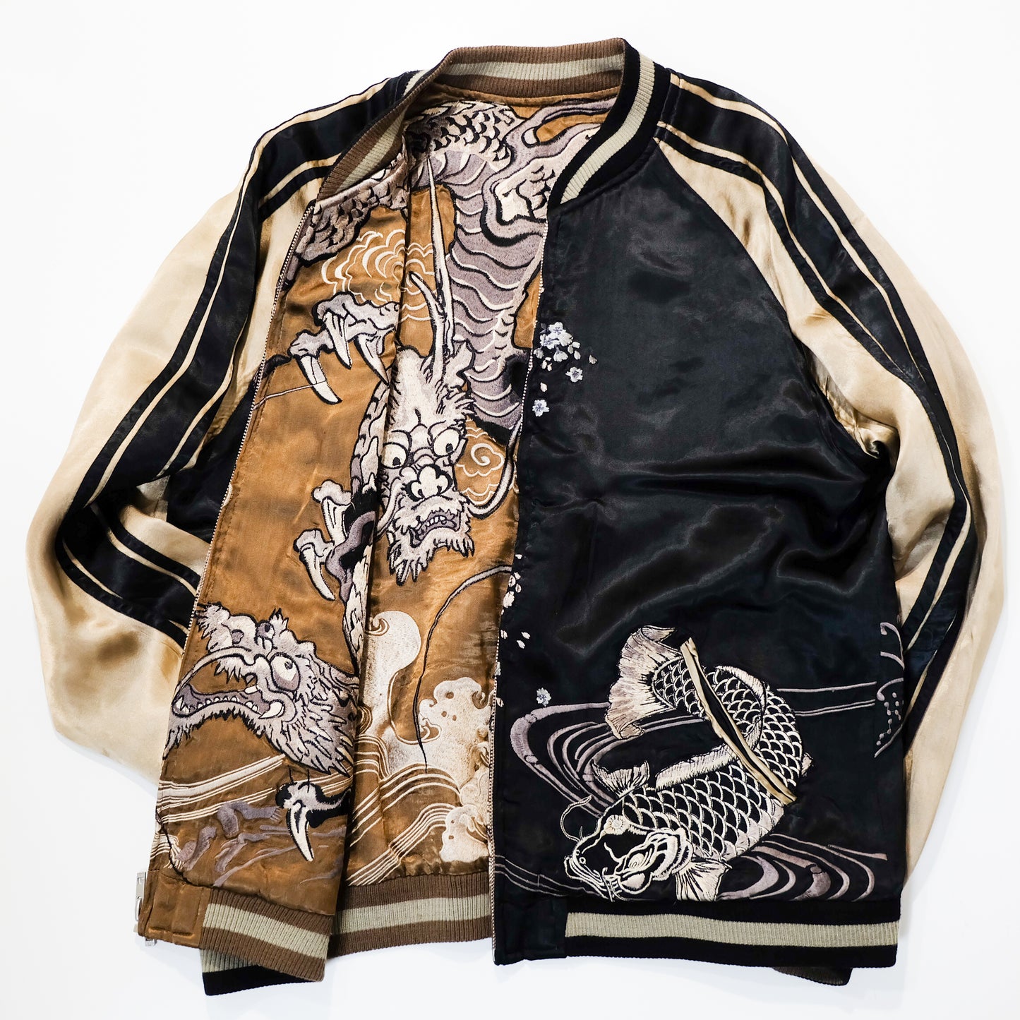 SATORI Reversible Sukajan Size L – Double Dragon × Koi Carp Sakura Japanese Embroidered Souvenir Jacket