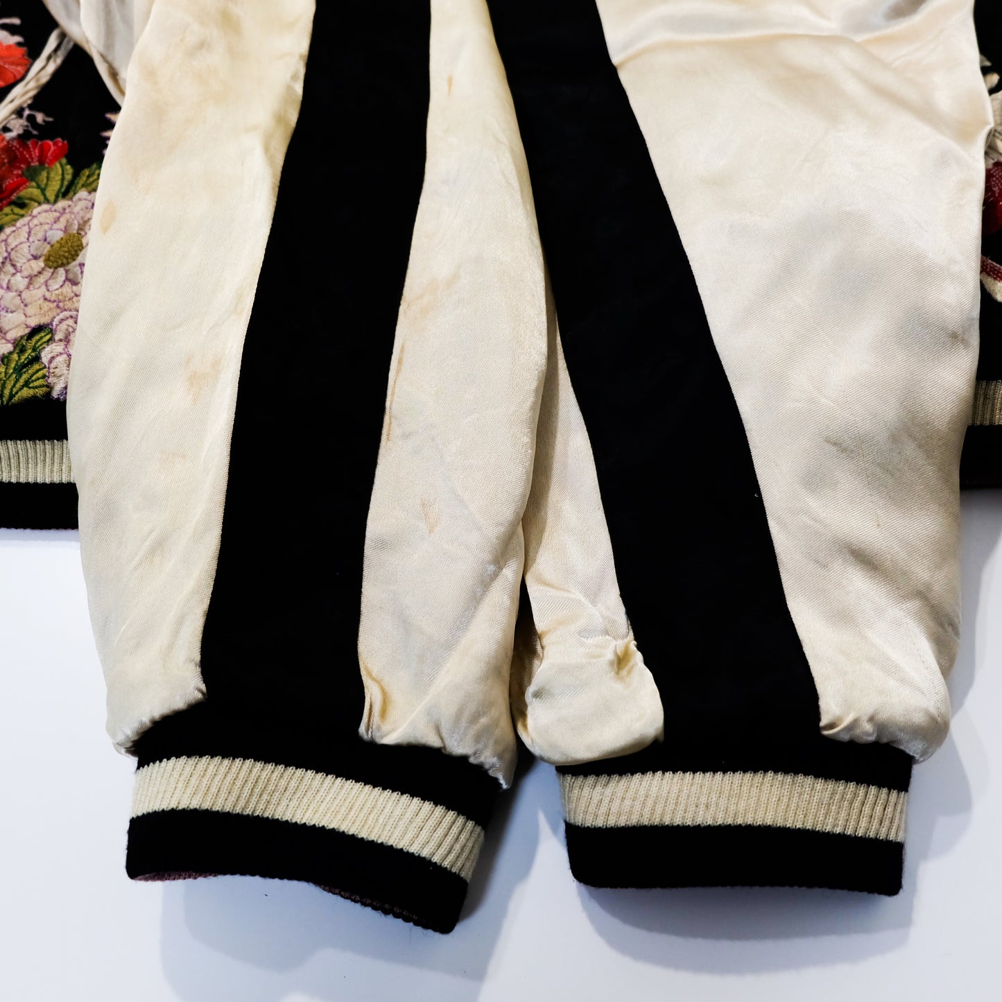 Japanese Classic Script Embroidered Souvenir Jacket with Red Kingyo, Kiku Chrysanthemums, Black Ivory Satin & Pink Quilted Reverse