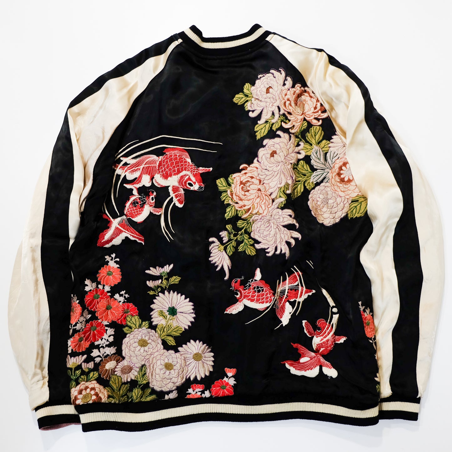 Japanese Classic Script Embroidered Souvenir Jacket with Red Kingyo, Kiku Chrysanthemums, Black Ivory Satin & Pink Quilted Reverse