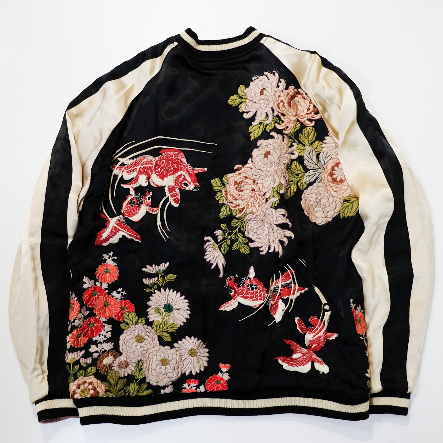Japanese Classic Script Embroidered Souvenir Jacket with Red Kingyo, Kiku Chrysanthemums, Black Ivory Satin & Pink Quilted Reverse