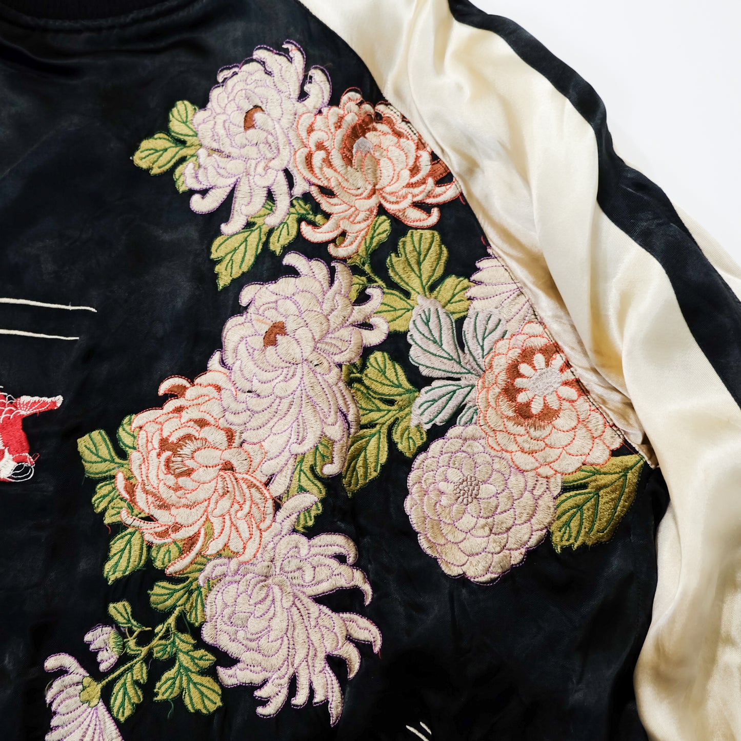 Japanese Classic Script Embroidered Souvenir Jacket with Red Kingyo, Kiku Chrysanthemums, Black Ivory Satin & Pink Quilted Reverse