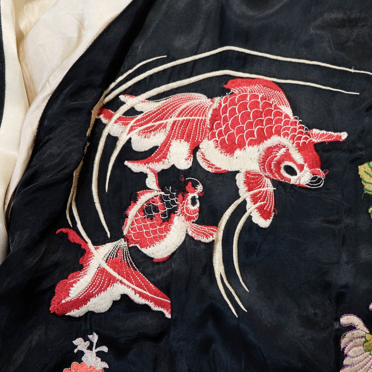Japanese Classic Script Embroidered Souvenir Jacket with Red Kingyo, Kiku Chrysanthemums, Black Ivory Satin & Pink Quilted Reverse