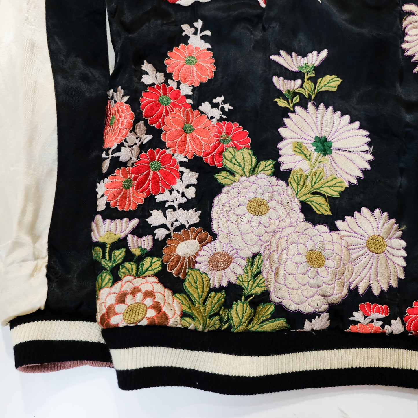 Japanese Classic Script Embroidered Souvenir Jacket with Red Kingyo, Kiku Chrysanthemums, Black Ivory Satin & Pink Quilted Reverse