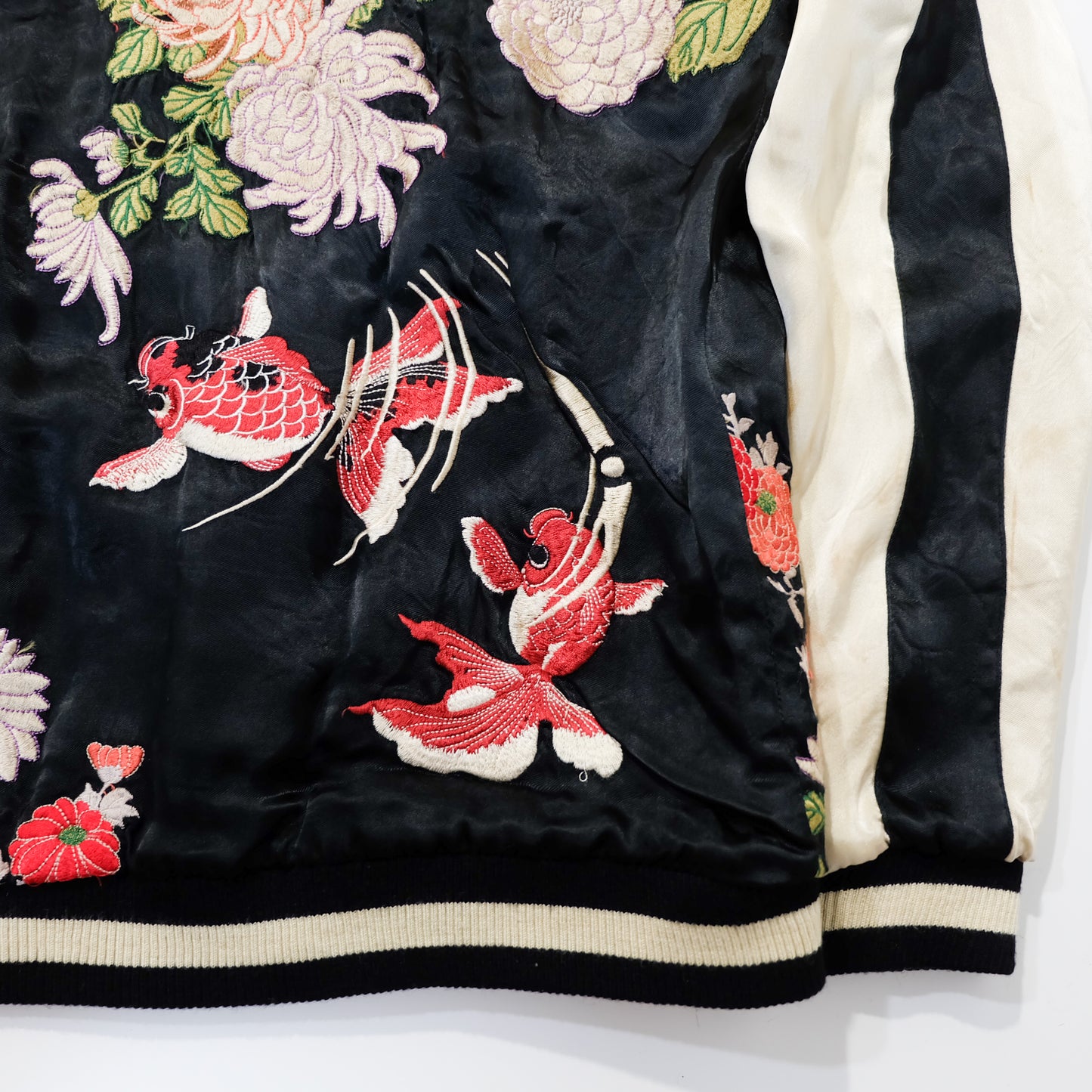Japanese Classic Script Embroidered Souvenir Jacket with Red Kingyo, Kiku Chrysanthemums, Black Ivory Satin & Pink Quilted Reverse