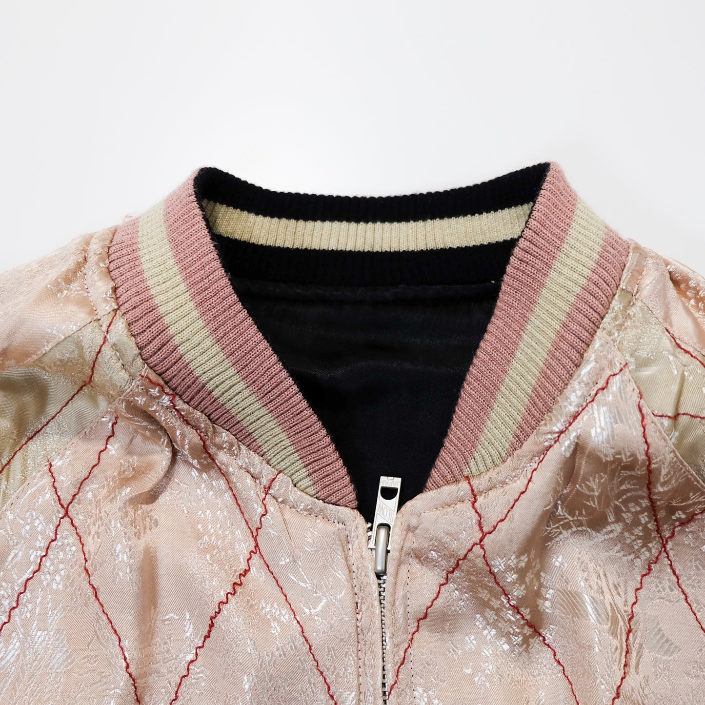 Japanese Classic Script Embroidered Souvenir Jacket with Red Kingyo, Kiku Chrysanthemums, Black Ivory Satin & Pink Quilted Reverse