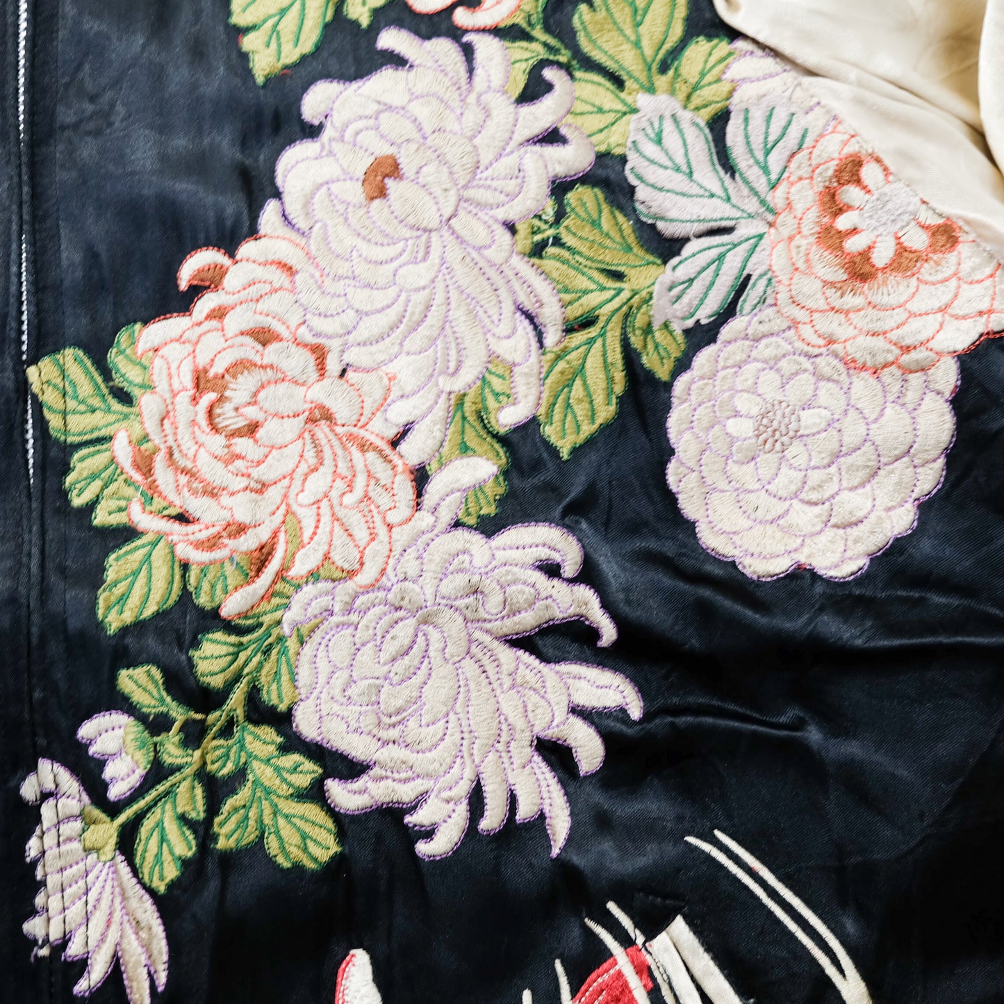 Japanese Classic Script Embroidered Souvenir Jacket with Red Kingyo, Kiku Chrysanthemums, Black Ivory Satin & Pink Quilted Reverse