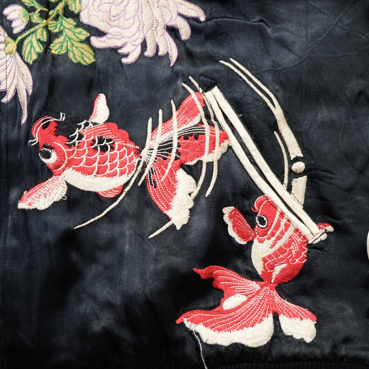 Japanese Classic Script Embroidered Souvenir Jacket with Red Kingyo, Kiku Chrysanthemums, Black Ivory Satin & Pink Quilted Reverse