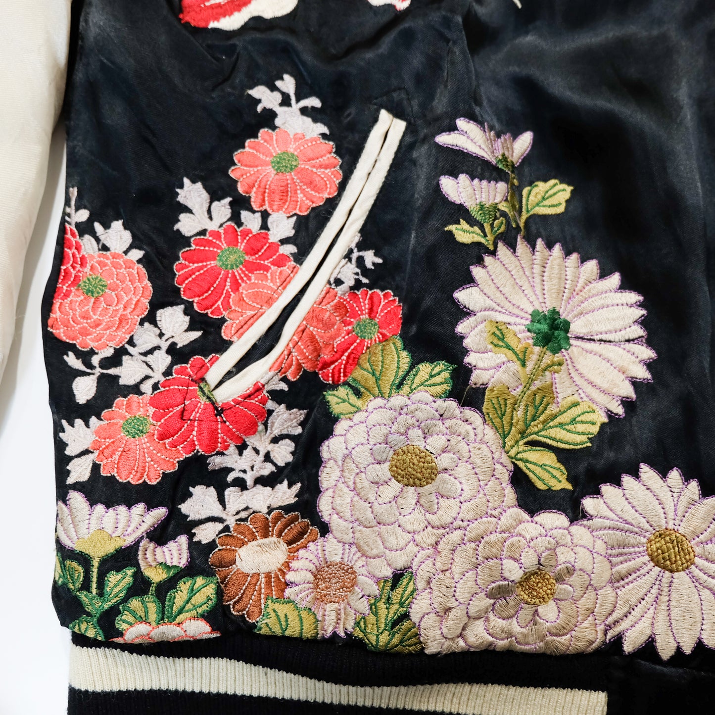 Japanese Classic Script Embroidered Souvenir Jacket with Red Kingyo, Kiku Chrysanthemums, Black Ivory Satin & Pink Quilted Reverse