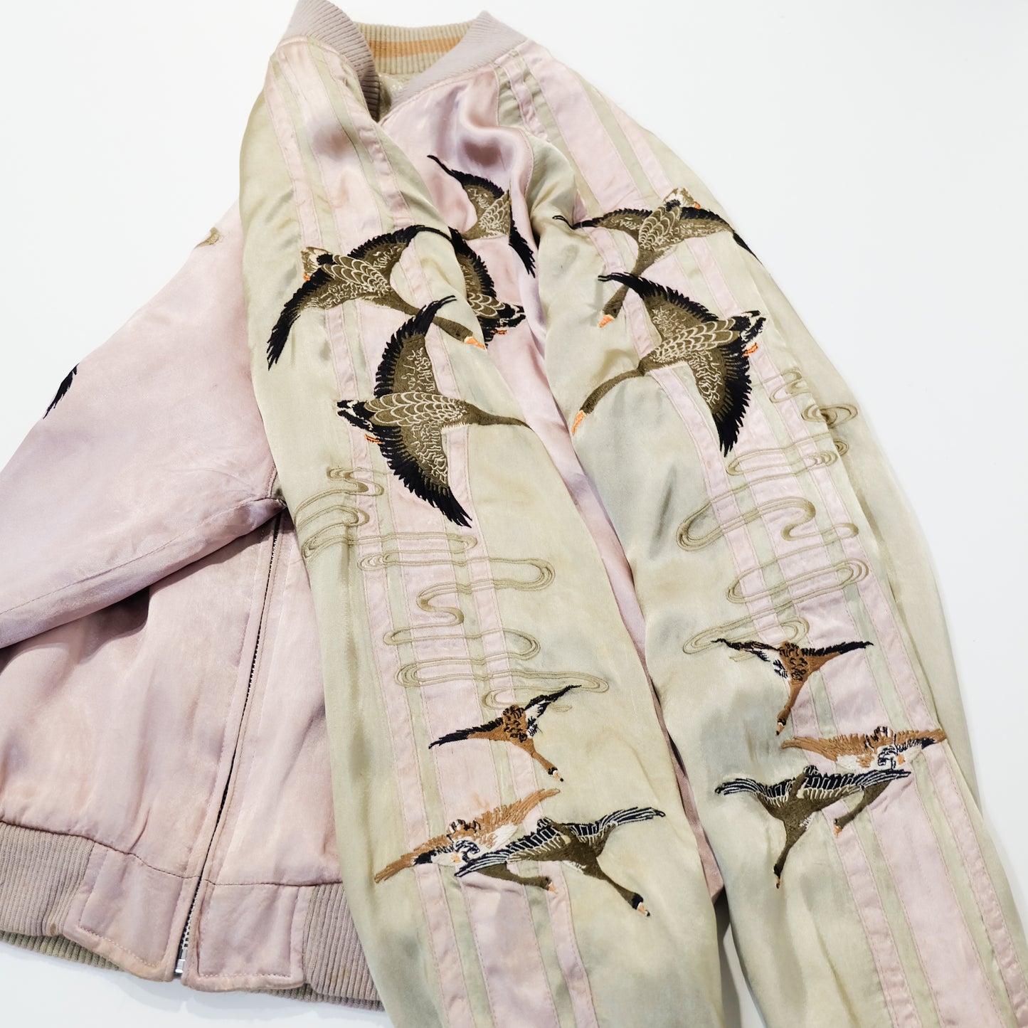 Vintage Reversible Sukajan Jacket M Swallow Wild Goose Embroidery Pink Gold Brocade Japanese Souvenir Bomber Tamashii Reversible Sukajan Jacket L Dragon Fuji Goldfish Lotus Embroidered Japanese Souvenir Bomber (Copy)