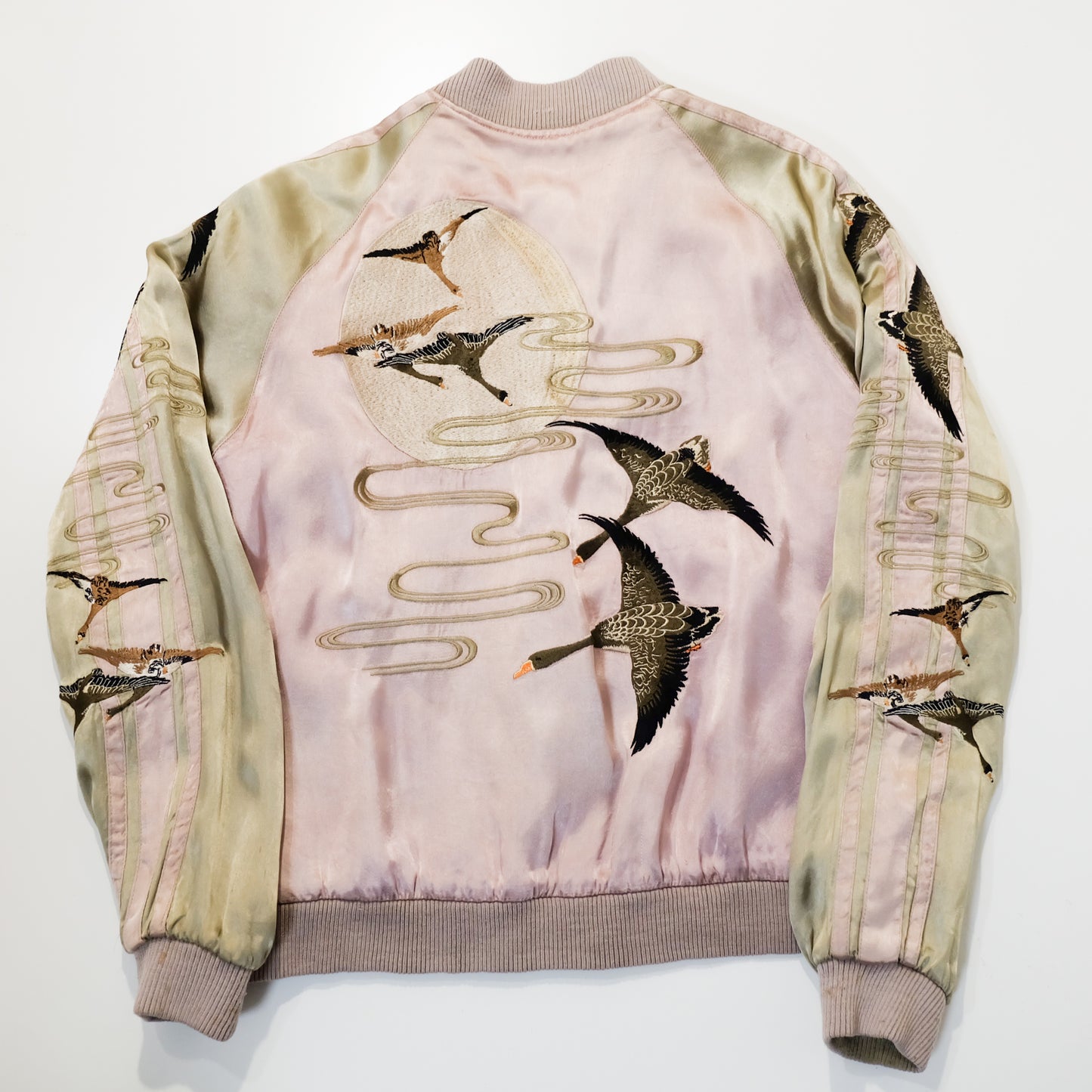 Vintage Reversible Sukajan Jacket M Swallow Wild Goose Embroidery Pink Gold Brocade Japanese Souvenir Bomber Tamashii Reversible Sukajan Jacket L Dragon Fuji Goldfish Lotus Embroidered Japanese Souvenir Bomber (Copy)