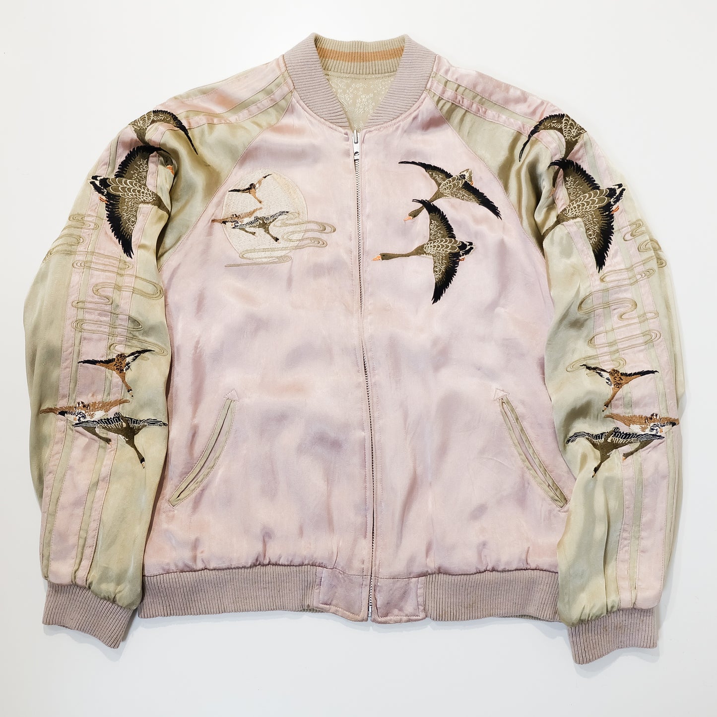 Vintage Reversible Sukajan Jacket M Swallow Wild Goose Embroidery Pink Gold Brocade Japanese Souvenir Bomber Tamashii Reversible Sukajan Jacket L Dragon Fuji Goldfish Lotus Embroidered Japanese Souvenir Bomber (Copy)