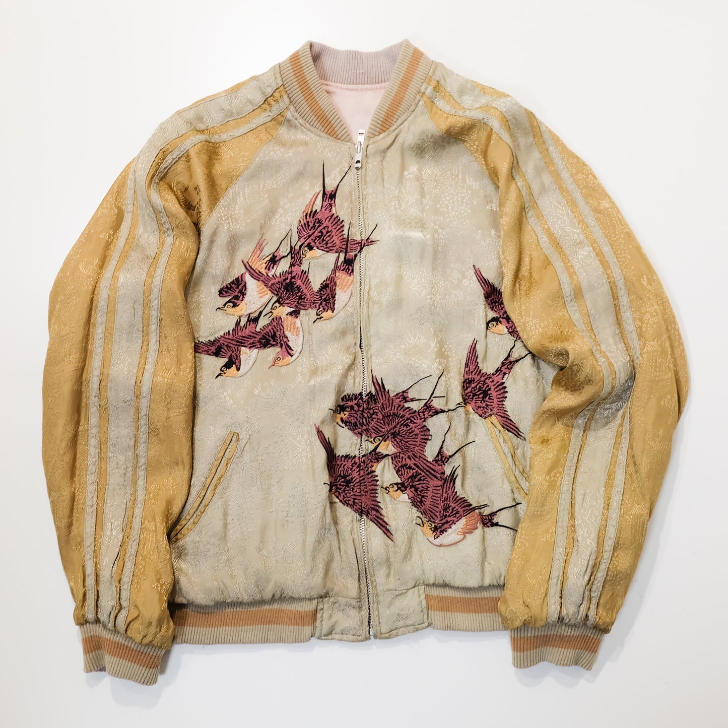 Vintage Reversible Sukajan Jacket M Swallow Wild Goose Embroidery Pink Gold Brocade Japanese Souvenir Bomber Tamashii Reversible Sukajan Jacket L Dragon Fuji Goldfish Lotus Embroidered Japanese Souvenir Bomber (Copy)
