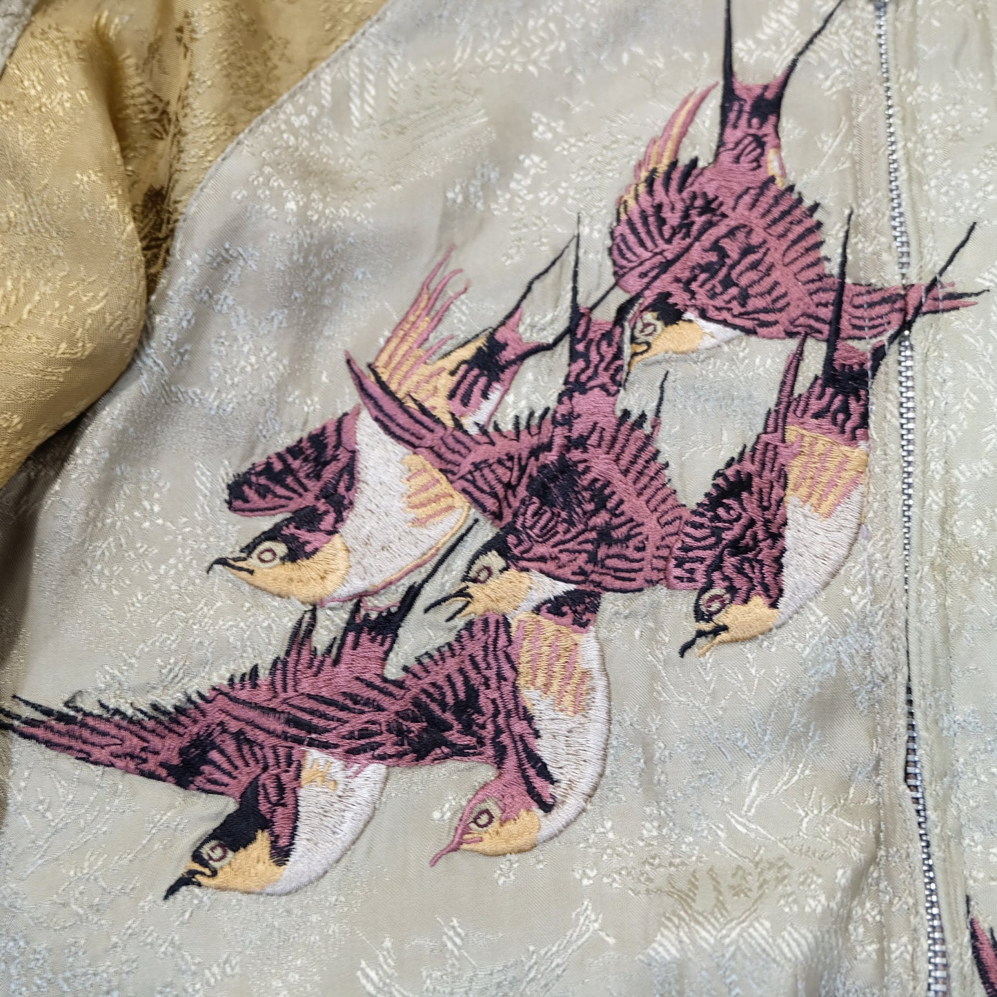 Vintage Reversible Sukajan Jacket M Swallow Wild Goose Embroidery Pink Gold Brocade Japanese Souvenir Bomber Tamashii Reversible Sukajan Jacket L Dragon Fuji Goldfish Lotus Embroidered Japanese Souvenir Bomber (Copy)