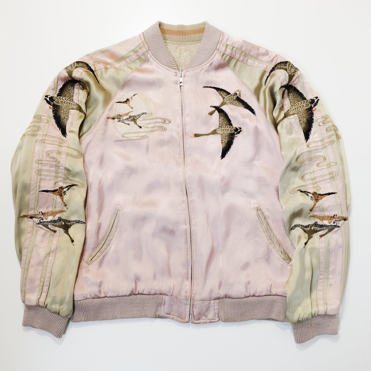 Vintage Reversible Sukajan Jacket M Swallow Wild Goose Embroidery Pink Gold Brocade Japanese Souvenir Bomber Tamashii Reversible Sukajan Jacket L Dragon Fuji Goldfish Lotus Embroidered Japanese Souvenir Bomber (Copy)