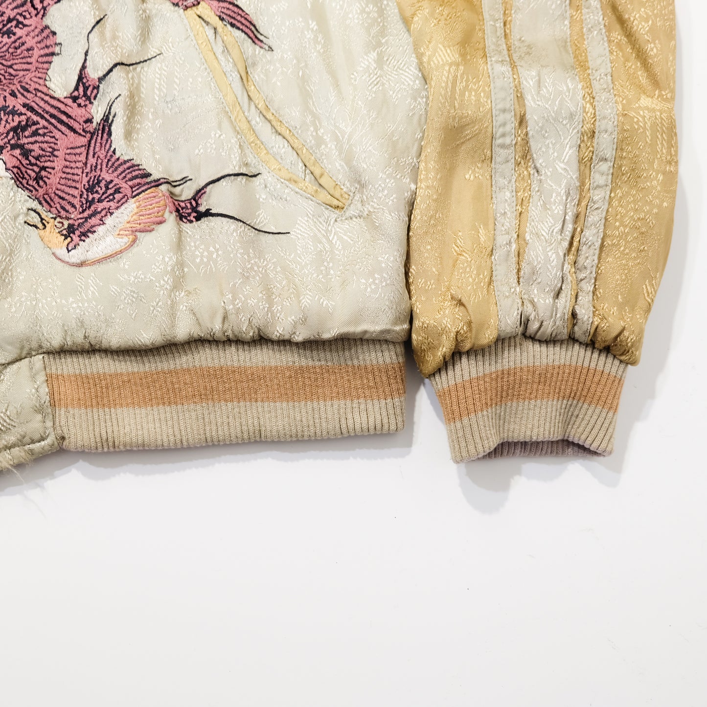 Vintage Reversible Sukajan Jacket M Swallow Wild Goose Embroidery Pink Gold Brocade Japanese Souvenir Bomber Tamashii Reversible Sukajan Jacket L Dragon Fuji Goldfish Lotus Embroidered Japanese Souvenir Bomber (Copy)
