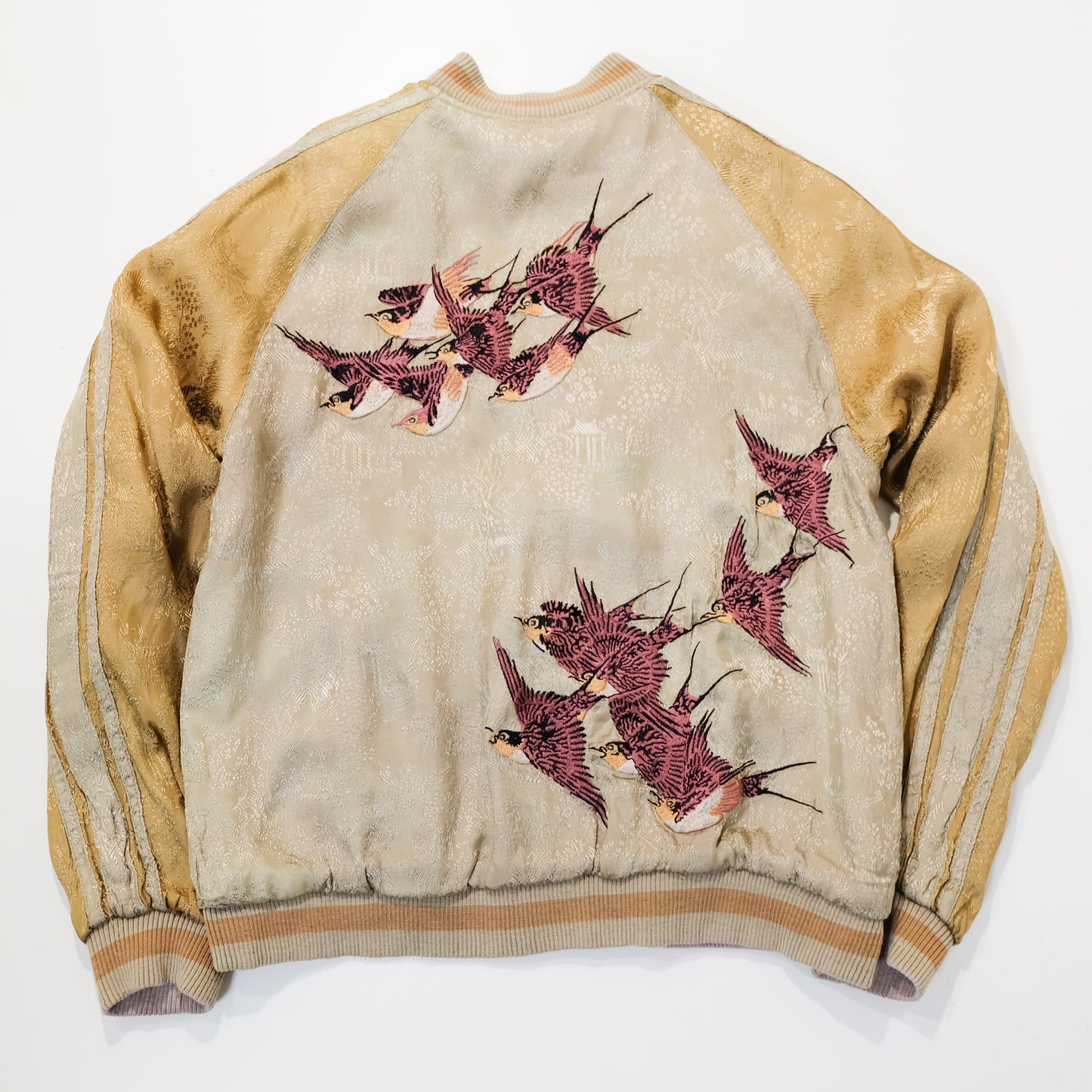 Vintage Reversible Sukajan Jacket M Swallow Wild Goose Embroidery Pink Gold Brocade Japanese Souvenir Bomber Tamashii Reversible Sukajan Jacket L Dragon Fuji Goldfish Lotus Embroidered Japanese Souvenir Bomber (Copy)