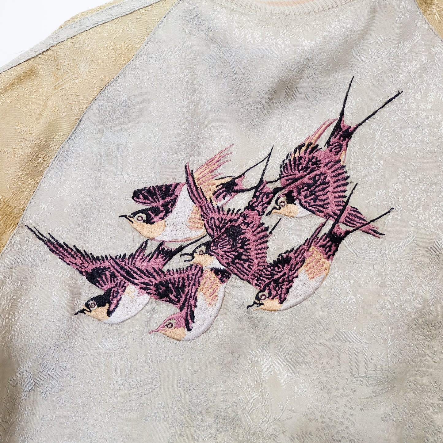 Vintage Reversible Sukajan Jacket M Swallow Wild Goose Embroidery Pink Gold Brocade Japanese Souvenir Bomber Tamashii Reversible Sukajan Jacket L Dragon Fuji Goldfish Lotus Embroidered Japanese Souvenir Bomber (Copy)