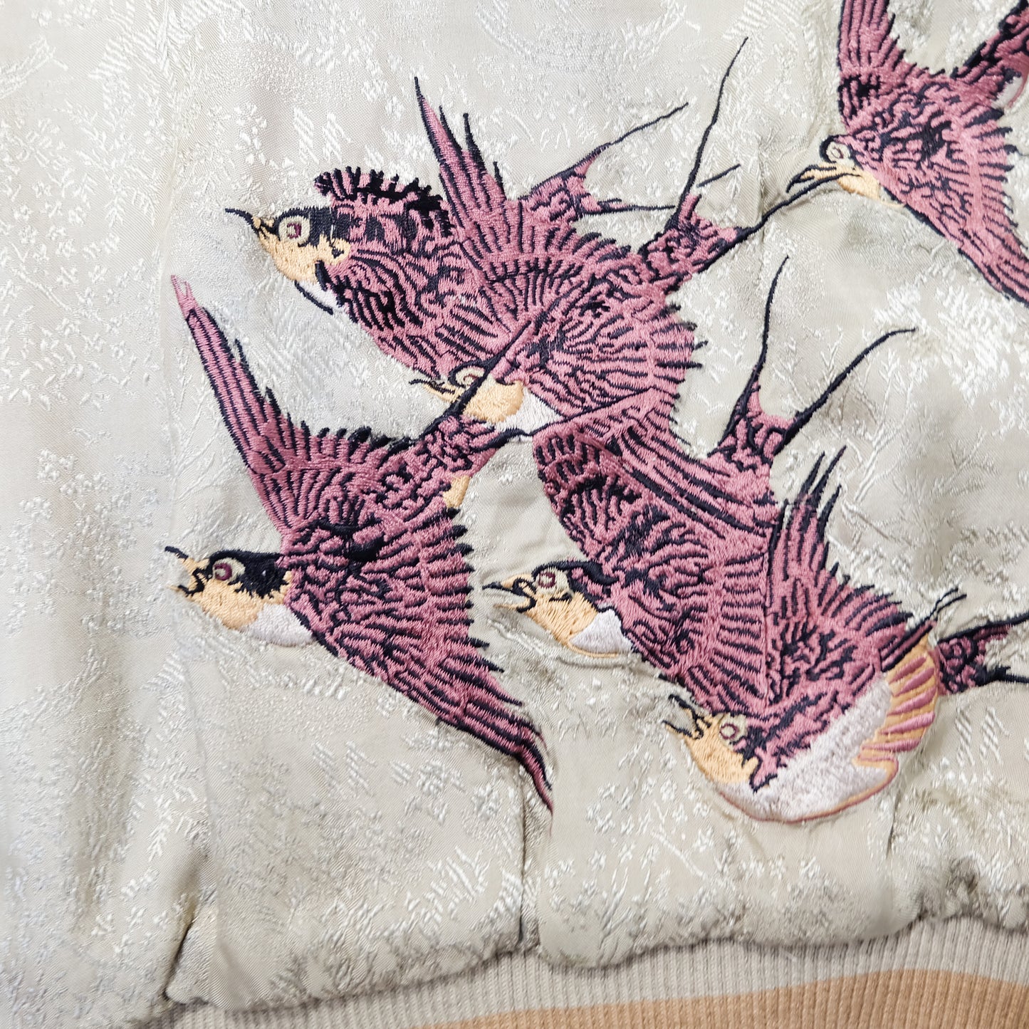 Vintage Reversible Sukajan Jacket M Swallow Wild Goose Embroidery Pink Gold Brocade Japanese Souvenir Bomber Tamashii Reversible Sukajan Jacket L Dragon Fuji Goldfish Lotus Embroidered Japanese Souvenir Bomber (Copy)